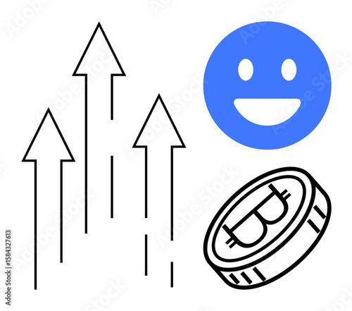 Upward arrows indicate growth, a happy face suggests positivity, and a Bitcoin coin symbolizes cryptocurrency. Ideal for financial success, investment tips, digital assets, blockchain education
