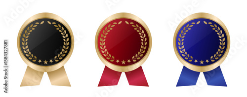 グラデーションのエレガントな金メダルとリボンのフレームデザインセット(お祝い 賞 ランキング メダル フレーム １位 2位 3位 表彰 賞 栄光 ベクター 編集可能 青 赤 黒)	