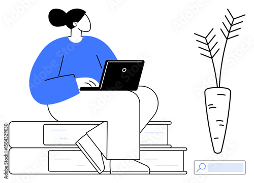 Woman in casual posture working on a laptop atop stacked books, next to a tall leafy plant. Ideal for education, productivity, remote work, focus, simplicity, growth, modern design simple landing