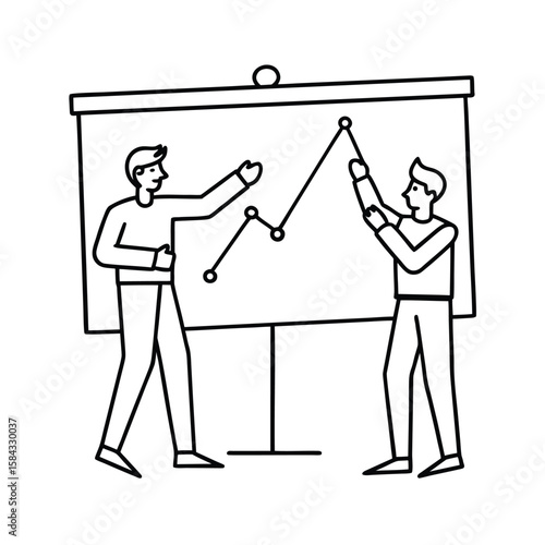 Creative entrepreneurs aligning business values on vision board during collaborative team workshop office vector line art on white background