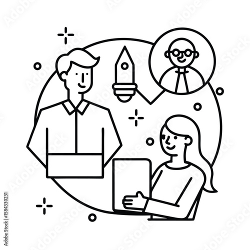 Creative professionals collaborating on visual storytelling ideas for marketing campaign planning teamwork vector line art on white background