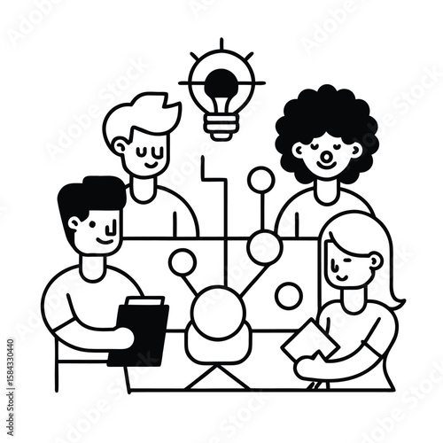 Flat design of diverse group using visual tools for planning teamwork creativity innovation business vector line art on white background