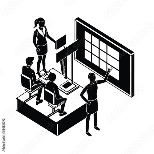 Isometric vector of office team using digital kanban board for workflow planning management strategy vector silhouette on white background