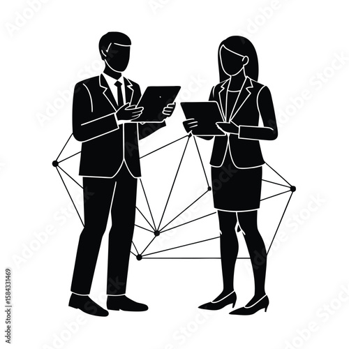 Minimalist line art of businesspeople exchanging ideas during creative meeting for teamwork strategy vector silhouette on white background