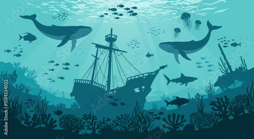 Stylish vector flat illustration depicting a mysterious underwater world teeming with marine life and an abandoned shipwreck. 