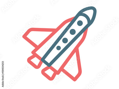 Stylized rocket ship icon with red and teal outline ascending