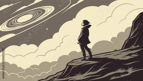 Person on cliff looking at galaxy stars night sky art vector illustration adventure and exploration concept design