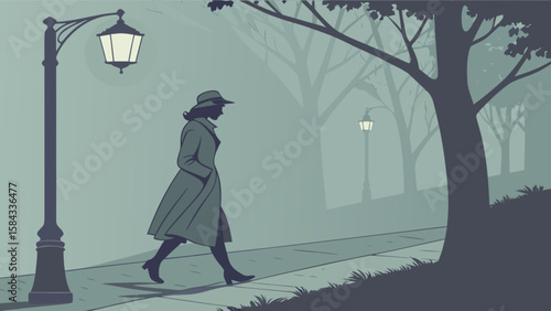 Woman walking in foggy park at night illustration for mystery novel cover design and vintage style art print