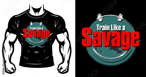 Train Like a Savage T-Shirt Design – Intense Gym Typography with Barbell Graphic and Shirt Mockup.