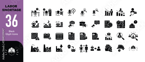Labor shortage icon set. 36 black glyph icons showing workforce gap, hiring issue, staff burnout, automation risk, job vacancy, project delay, and factory problem in solid silhouette style.