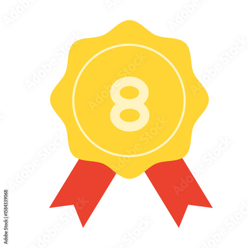 A vibrant yellow badge with the number 8 and a red ribbon, perfect for rewarding achievements and educational purposes in a fun design