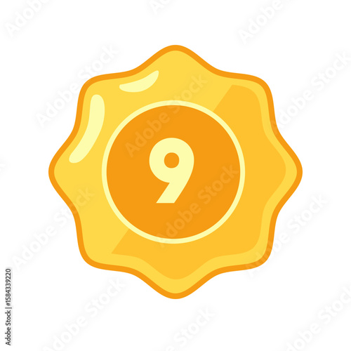 A cheerful yellow badge featuring the number 9, ideal for educational content and rewarding designs for kids or achievements.