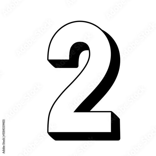  Number two in outlined 3D black-and-white style with subtle shadow. Ideal for design projects, infographics, and educational digital graphics.