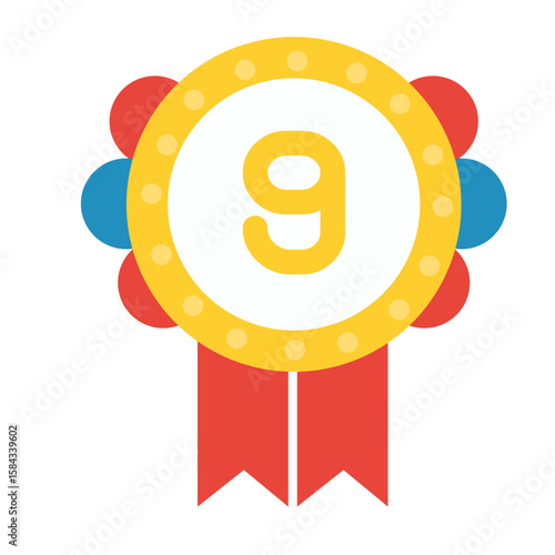 Number nine badge with red ribbons and colorful background. Represents placement, success, or participation in contests and reward systems.