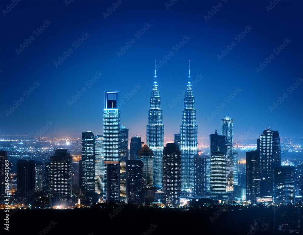 Fototapeta premium skyscrapers reflecting the city lights and the integration of finance and technology