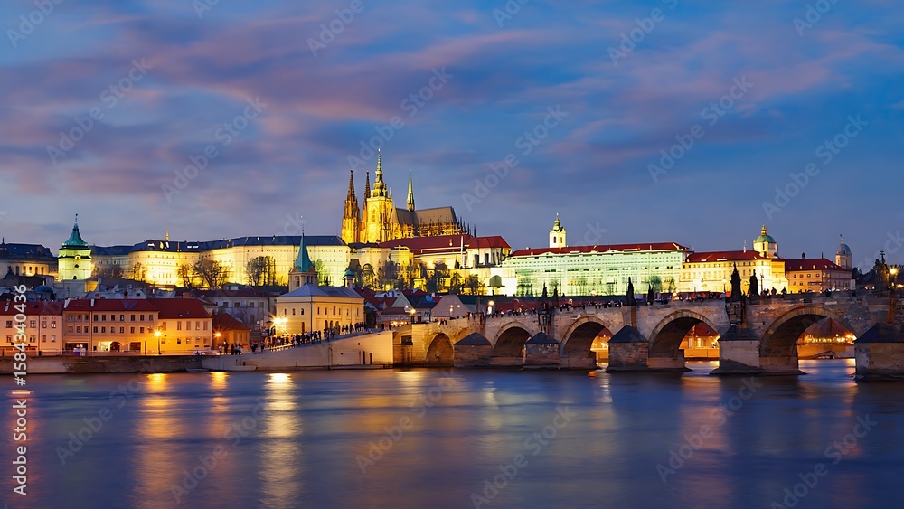 Obraz premium Night view of Prague featuring the Charles Bridge and illuminated buildings, creating a picturesque cityscape.