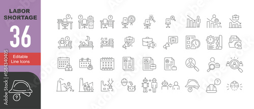 Labor shortage icon set. 36 editable line icons in outline style. Includes hiring delay, workforce gap, employee burnout, automation risk, job vacancy, team problem, factory decline, and staff stress.