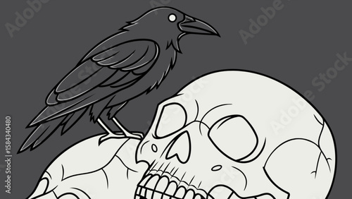 Raven perched on skull drawing vector illustration clip art halloween death gothic art creepy artwork 100