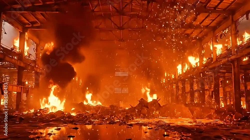 Large industrial building engulfed in intense fire with smoke and debris