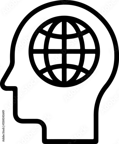 Human head profile with a globe inside representing global thinking and international ideas