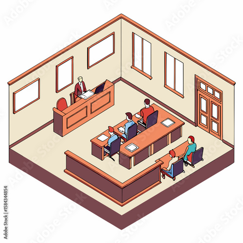 Isometric Illustration of a Courtroom Scene Judge Jury and Defendant