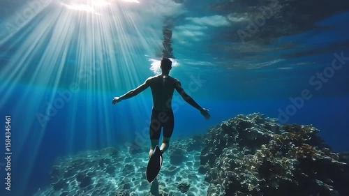 Wallpaper Mural Sunbeams illuminate a person swimming underwater Torontodigital.ca