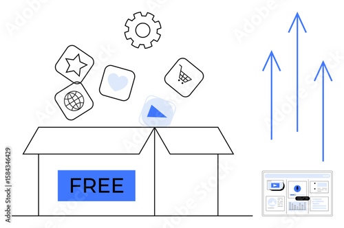 Open box labeled free with icons such as star, heart, and cart arrows indicating growth analytics layout. Ideal for software, freebies, sharing, growth, marketing trends success. Simple flat