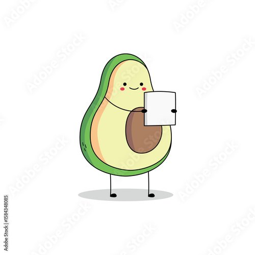 Cute avocado fruit cartoon character reading a paper document file doodle