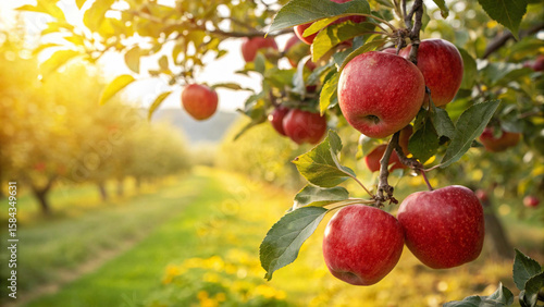 Canvas Print Red Apple hanging tree in garden in natural warm sunlight background