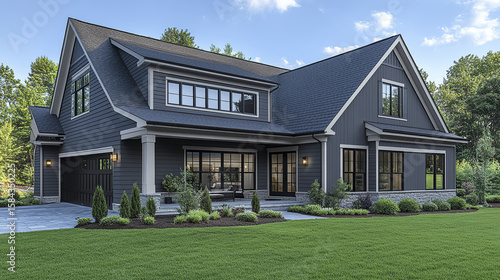 Modern gray house exterior with large windows and landscaped garden under blue sky, peaceful suburban home with green lawn and outdoor seating area