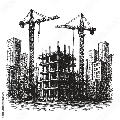 Sketched city construction scene with cranes and buildings in progress. Ideal for architecture, urban planning, and vintage design.