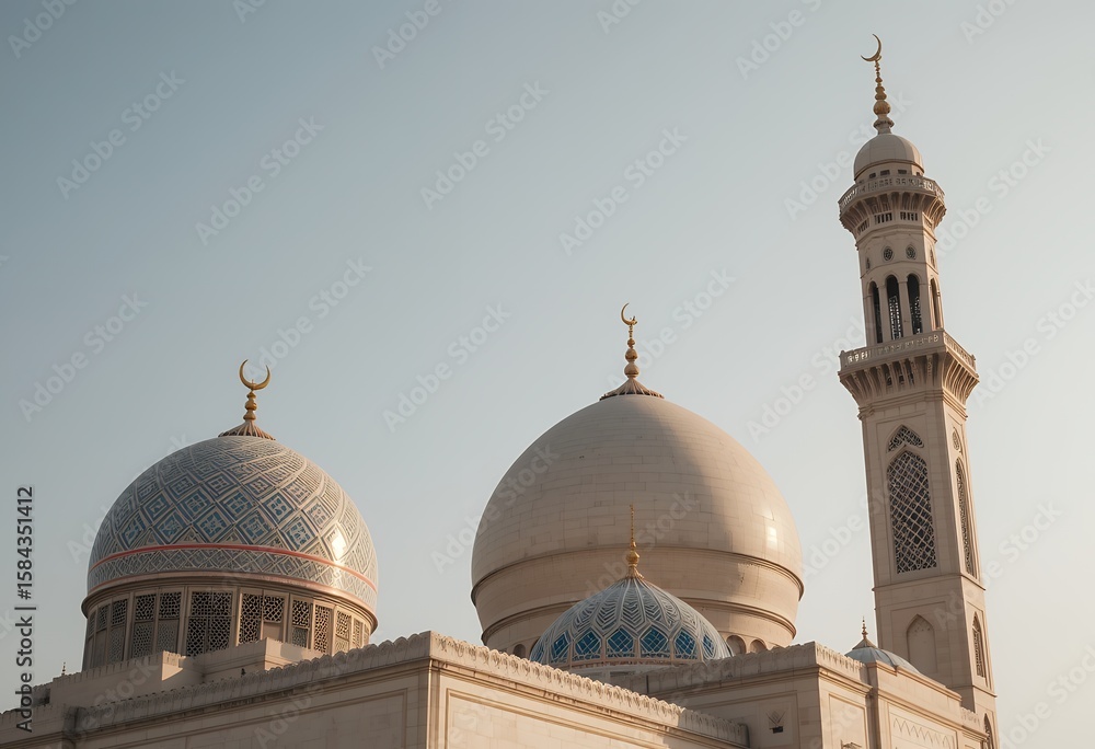 Obraz premium Majestic mosque architecture featuring intricate domes and tall minaret under clear sky