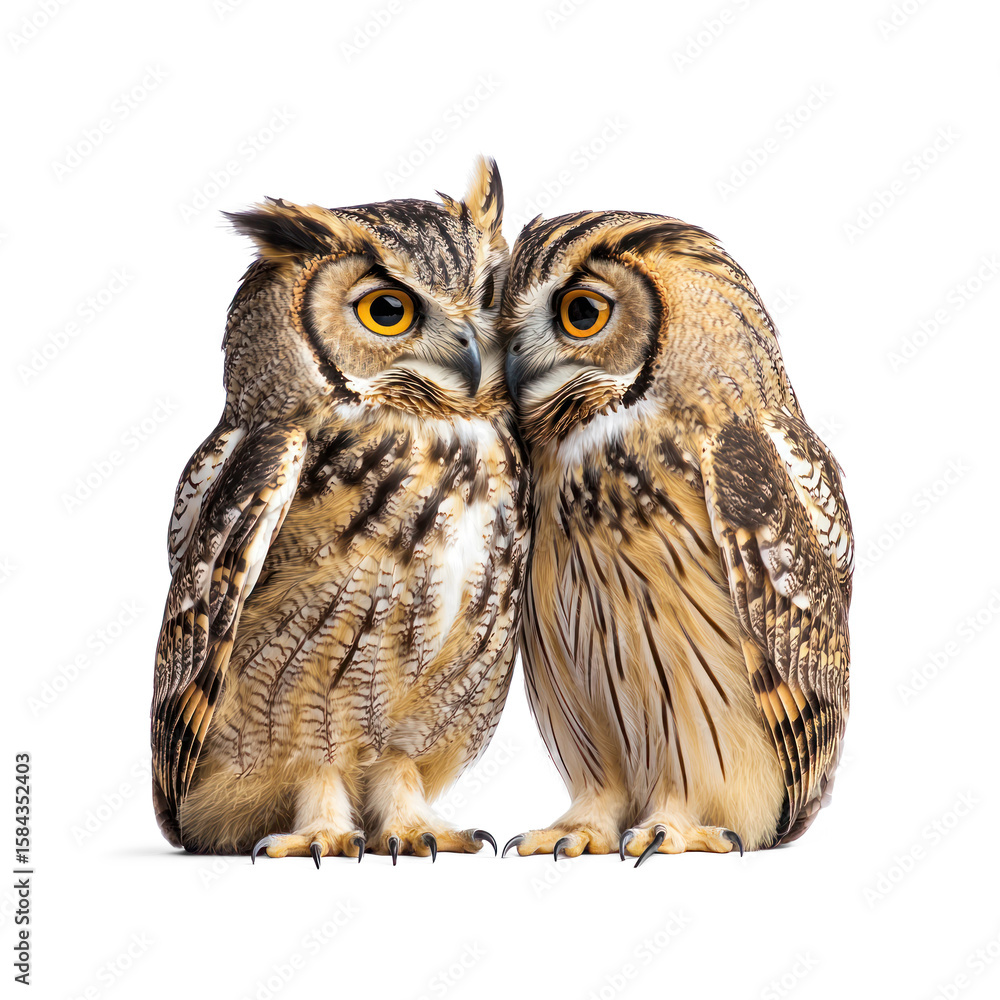 Naklejka premium Owl interacting Two owls sit close together or face each other, engaged in social behavior. full length isolate on transparent background