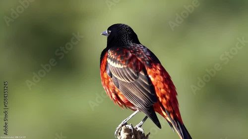 Vibrant Red and Black Plumage on a Wild Songbird Perched on a Branch Against a Soft Green Background