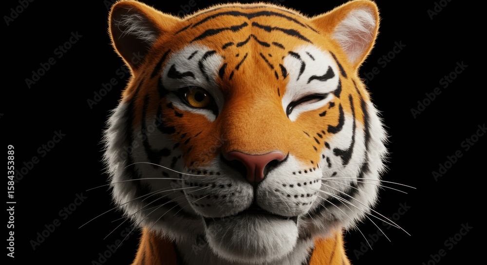 Fototapeta premium Whimsical wink: a playful tiger portrait on a dark canvas bringing joy and wildlife