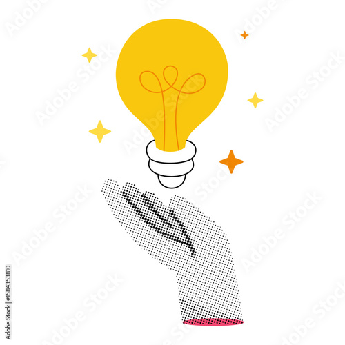Creative idea concept with glowing light bulb supported by halftone hand. Vector illustration of innovation and imagination with bright light bulb.