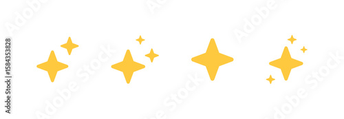 Sparkling yellow stars in cute flat style for magical decoration and design. Bright and whimsical sparkle elements for sticker and creative illustration.