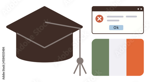 Graduation cap, error message in browser window, Ireland flag evoke academic setbacks, learning barriers in Ireland. Ideal for education, e-learning issues, international studies, technology