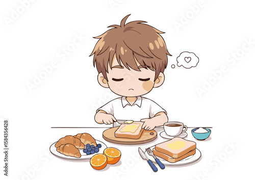 Adorable Cartoon Boy Spreading Butter on Toast Breakfast Scene.
