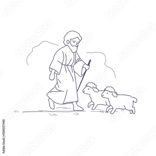 Shepherd Jesus Christ leading the lambs in the field