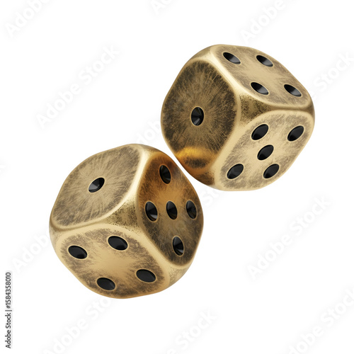 A pair of distressed golden dice with black pips against a white background. AI Generative 