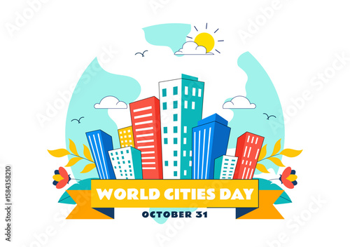 World Cities Day Vector Illustration in Global Urbanization on Sustainable Urban Development with Tall Buildings in a Flat Style Cartoon Background