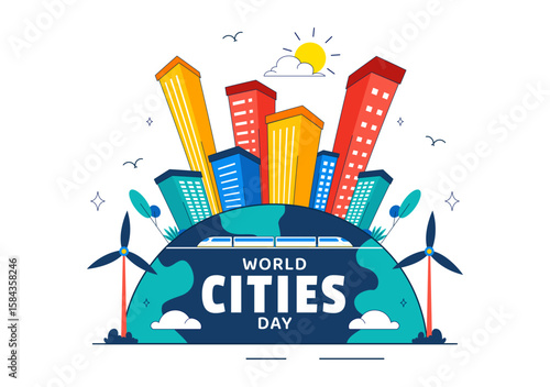 World Cities Day Vector Illustration in Global Urbanization on Sustainable Urban Development with Tall Buildings in a Flat Style Cartoon Background