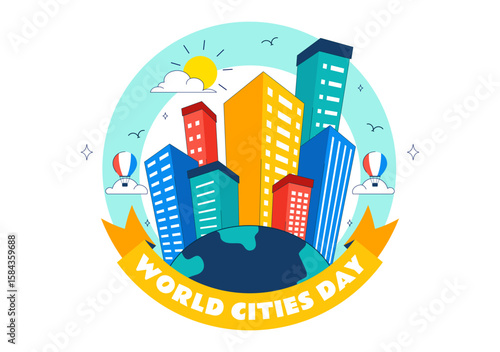 World Cities Day Vector Illustration in Global Urbanization on Sustainable Urban Development with Tall Buildings in a Flat Style Cartoon Background