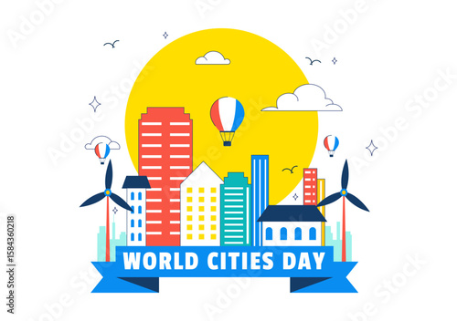 World Cities Day Vector Illustration in Global Urbanization on Sustainable Urban Development with Tall Buildings in a Flat Style Cartoon Background