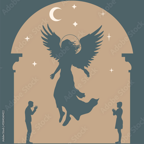 Fantasy woman angel soars in the air with huge bird wings. Girl in levitation flies. Lady goddess in dress, fabric waving fluttering in motion. Goddess girl descends from the sky to praying people