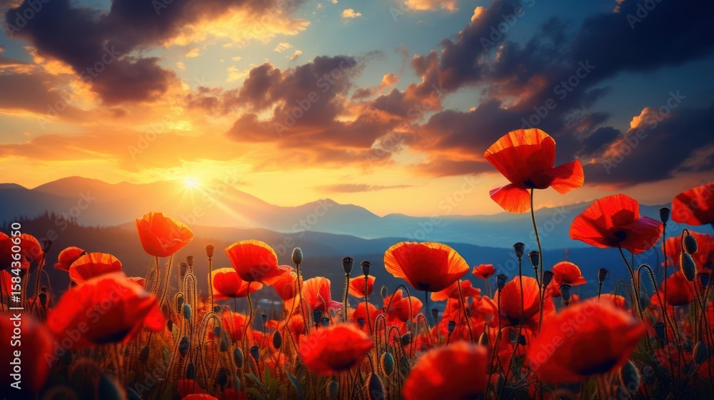 Obraz premium Vibrant poppy field at sunset, peaceful landscape, warm colors.