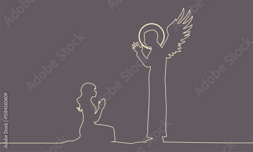 Fantasy man angel with huge bird wings. God descends from the sky to praying woman