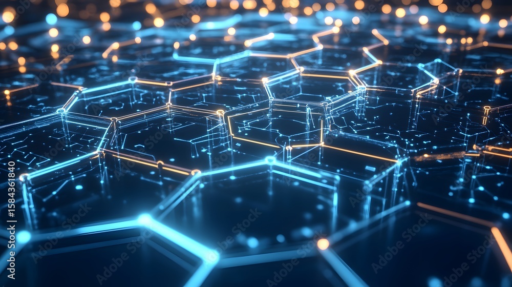 Obraz premium Hexagonal network structure with glowing lines.