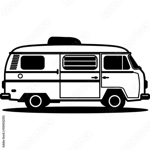 Sketchy emblem of tourist van. Engraving minimalistic vector in black ink drawing on transparent background